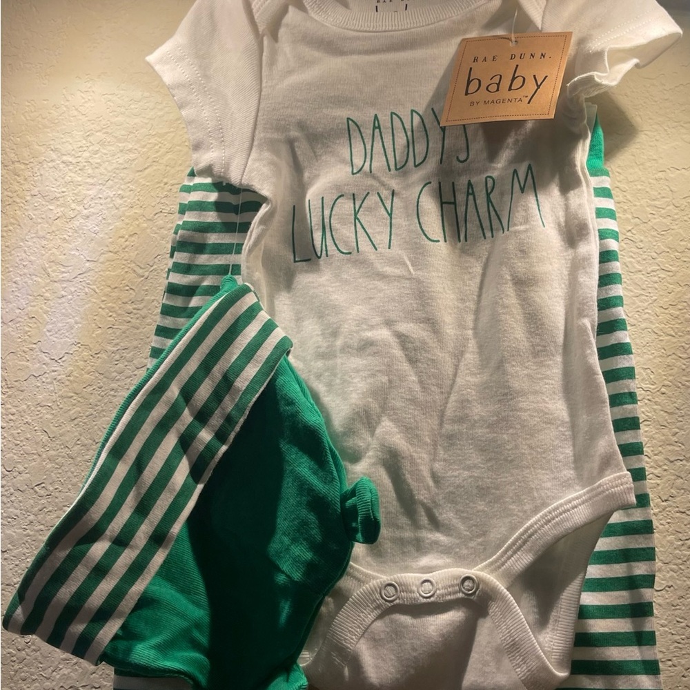 Rae Dunn White and Green Baby Outfit Set St. Patrick’s Day